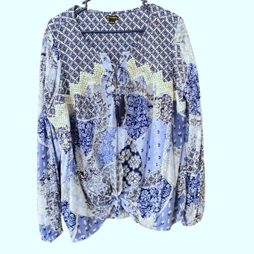 New Directions Pullover Top Womens Size L Long Sleeve Tie Front Neck & Hem
